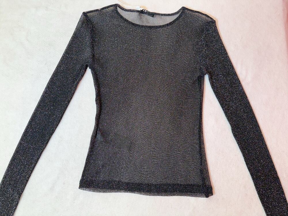 Sz X Small US 2 NA-KD Stretch Black Long Sleeve Glitter Mesh Sheer Top Nylon